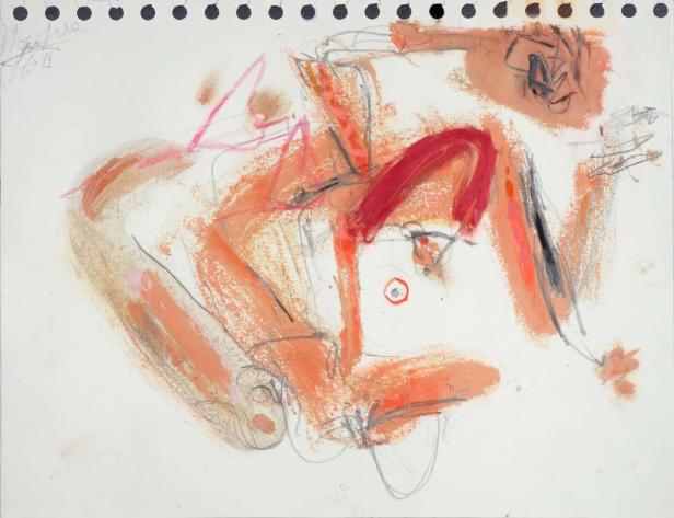 Eine abstrakte Zeichnung in Rot- und Orangetönen auf weißem Papier.