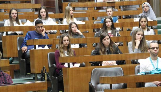 Eine Gruppe junger Leute sitzt in einem Auditorium oder Parlament.
