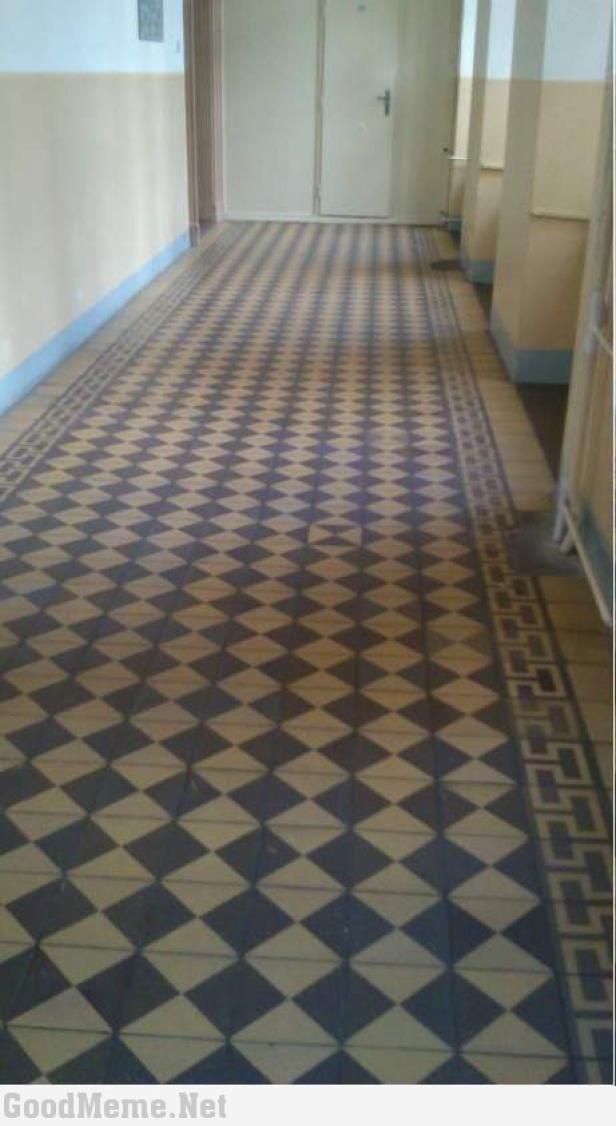 Ein Flur mit einem Schachbrettmuster aus dunklen und hellen Fliesen.