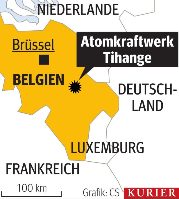 Eine Karte von Belgien und den angrenzenden Ländern mit der Position des Atomkraftwerks Tihange.