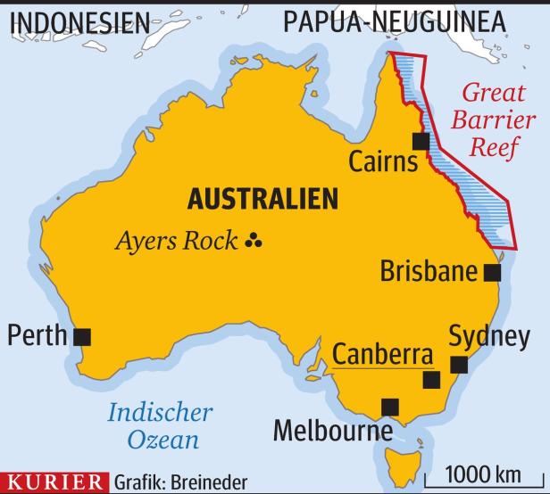 Eine Karte von Australien mit hervorgehobenem Great Barrier Reef.