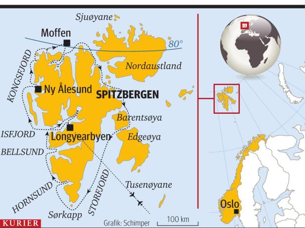 Eine Karte von Spitzbergen und einem Teil Norwegens mit Oslo.