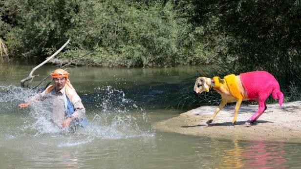 Ein Mann watet durch einen Fluss, während ein pink-gelb gefärbtes Schaf am Ufer steht.