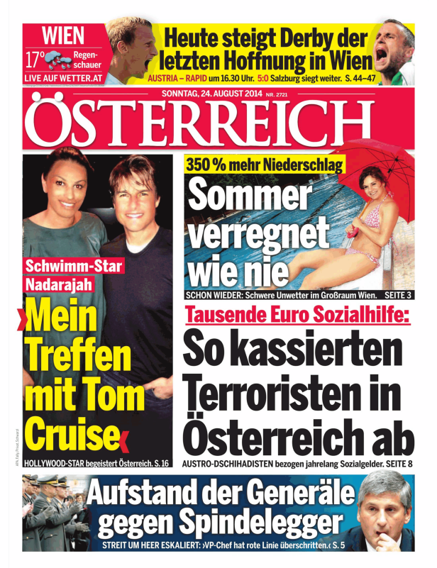 Titelseite der Zeitung „Österreich“ mit einem Artikel über Nadarajahs Treffen mit Tom Cruise.