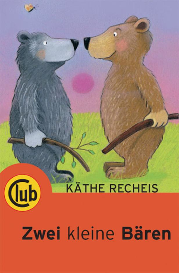 Illustration des Buches „Zwei kleine Bären“ von Käthe Recheis mit zwei Bären und einem Schmetterling.