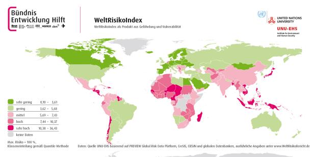 Eine Weltkarte, die den WeltRisikoIndex nach Ländern in verschiedenen Farben von Grün bis Pink darstellt.