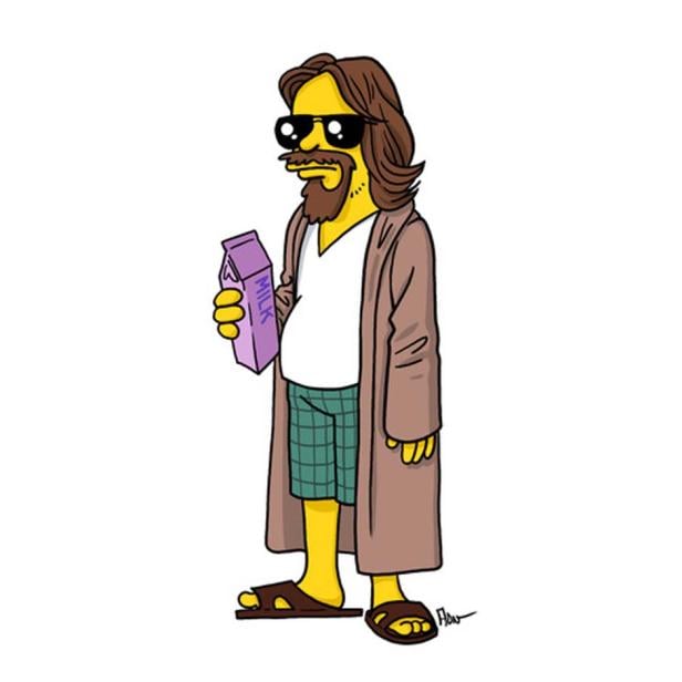 „The Dude“ aus „The Big Lebowski“ als gelbe Simpson-Figur mit Milchpackung.