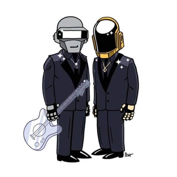 Eine stilisierte Darstellung des Musikduos Daft Punk mit ihren ikonischen Helmen und Anzügen.