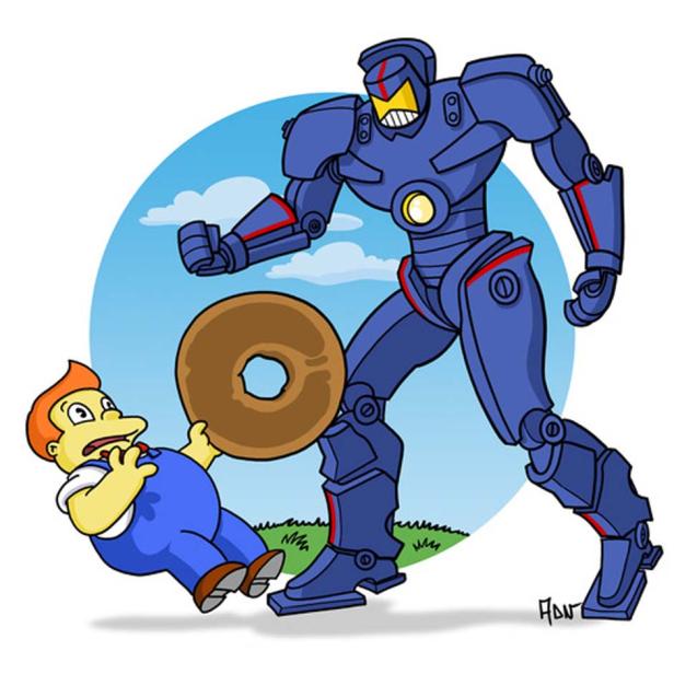 Ein blau gepanzerter Roboter steht vor einem ängstlichen Jungen, der einen Donut hält.