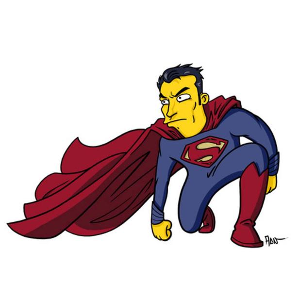 Ein gelbgesichtiger Superman im Stil der Simpsons kauert mit ernstem Blick.