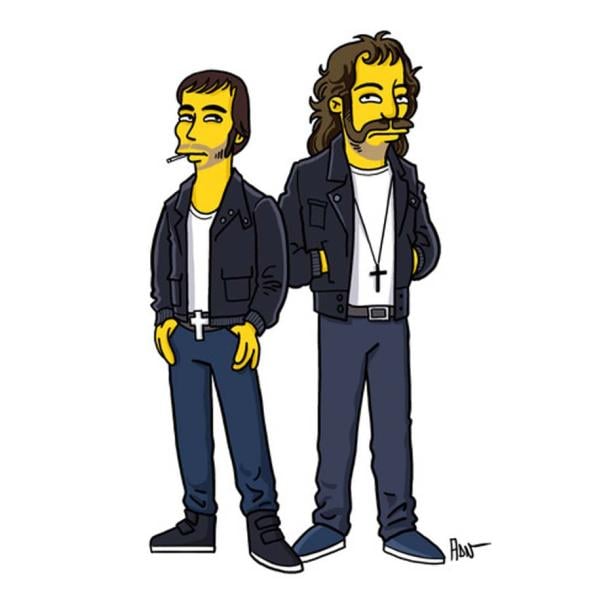 Zwei gelbe Figuren im Stil der Simpsons, bekleidet mit Lederjacken und Jeans.