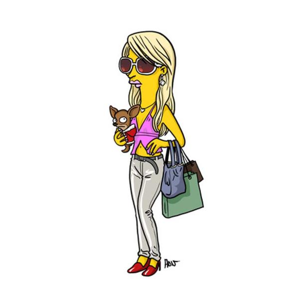 Eine gelbe Zeichentrickfigur im Stil der Simpsons hält einen Chihuahua und Einkaufstaschen.