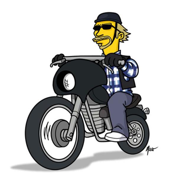 Eine stilisierte Cartoon-Figur fährt auf einem Motorrad.