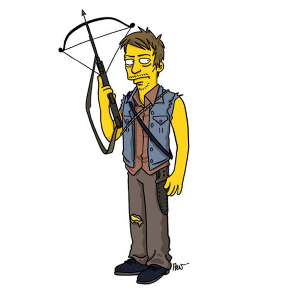Ein stilisierter Daryl Dixon aus „The Walking Dead“ im Simpsons-Stil mit einer Armbrust.