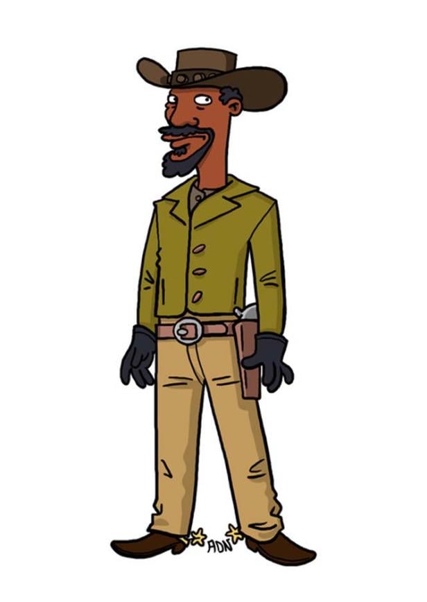 Ein Cartoon-Cowboy mit Hut, Weste und Pistole steht aufrecht.