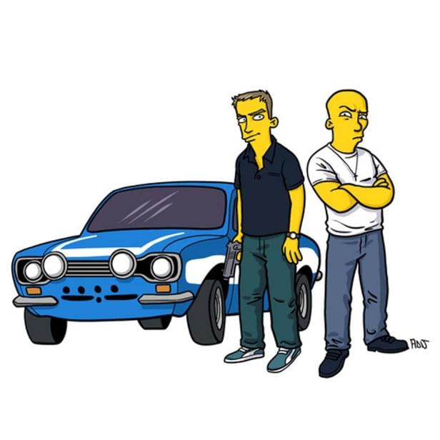 Zwei gelbe Figuren im Stil der Simpsons stehen neben einem blauen Auto.