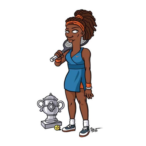 Eine stilisierte Darstellung von Serena Williams mit einem Tennisschläger und einer Trophäe.