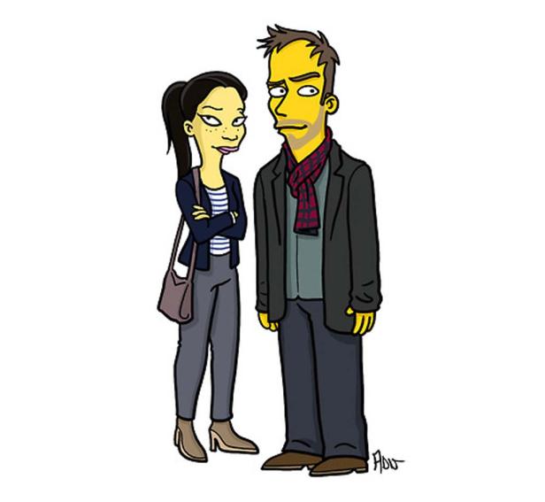 Ein Paar im Stil der „Simpsons“ steht nebeneinander.