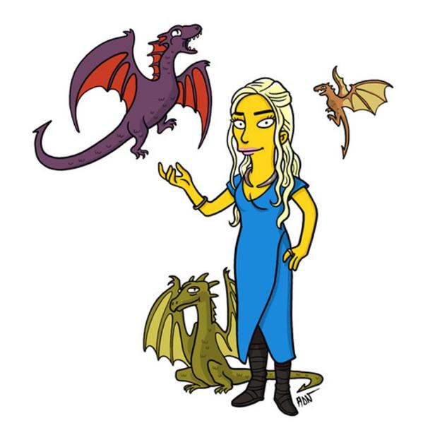 Daenerys Targaryen im Simpsons-Stil mit ihren drei Drachen.