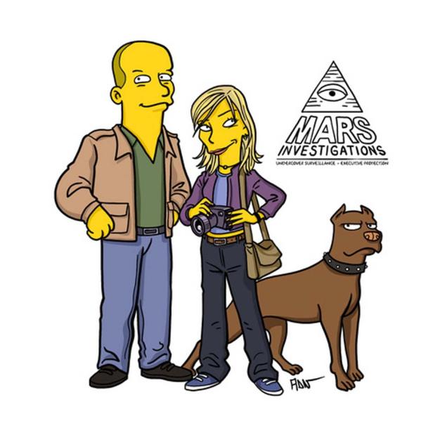 Eine stilisierte Darstellung von zwei Detektiven und einem Hund, im Stil der Simpsons, mit dem Logo „Mars Investigations“.