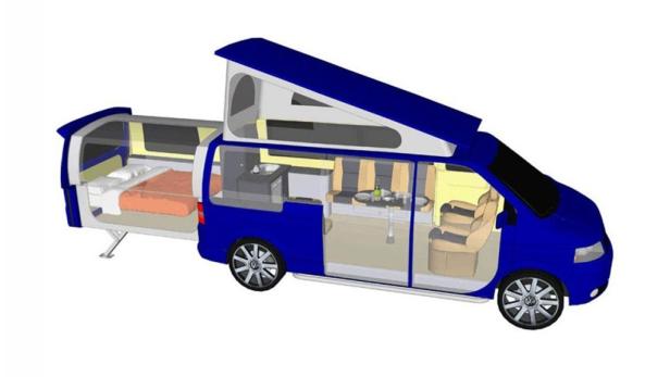 Ein blauer VW-Campingbus mit ausgefahrenem Heckbett und aufklappbarem Dach.