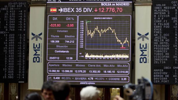 Eine Anzeigetafel der Madrider Börse (BME) mit dem IBEX 35 Index am 23. Juli 2012.