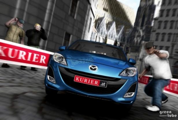 Ein blauer Mazda mit „Kurier“-Kennzeichen auf einer städtischen Straße.