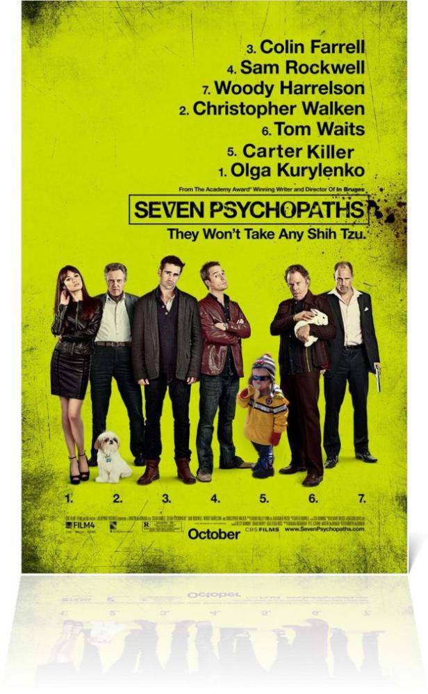Das Filmplakat für „Seven Psychopaths“ zeigt die Hauptdarsteller und ihre Namen.