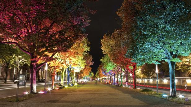 Eine Allee in Berlin ist nachts mit bunten Lichtern beleuchtet.