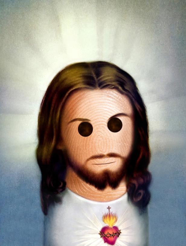 Ein stilisierter Jesus mit Fingerabdrucktextur und schwarzen Kreisen für Augen.
