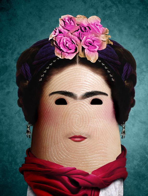 Ein Fingerabdruck, der das Gesicht von Frida Kahlo mit Blumen im Haar darstellt.