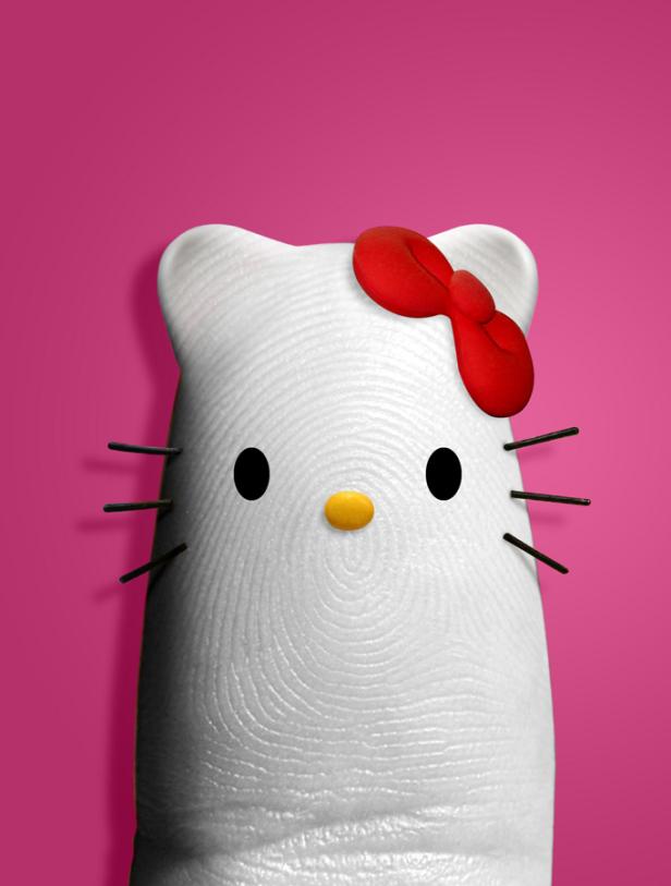 Ein Fingerabdruck ist als Hello Kitty mit roter Schleife dargestellt.