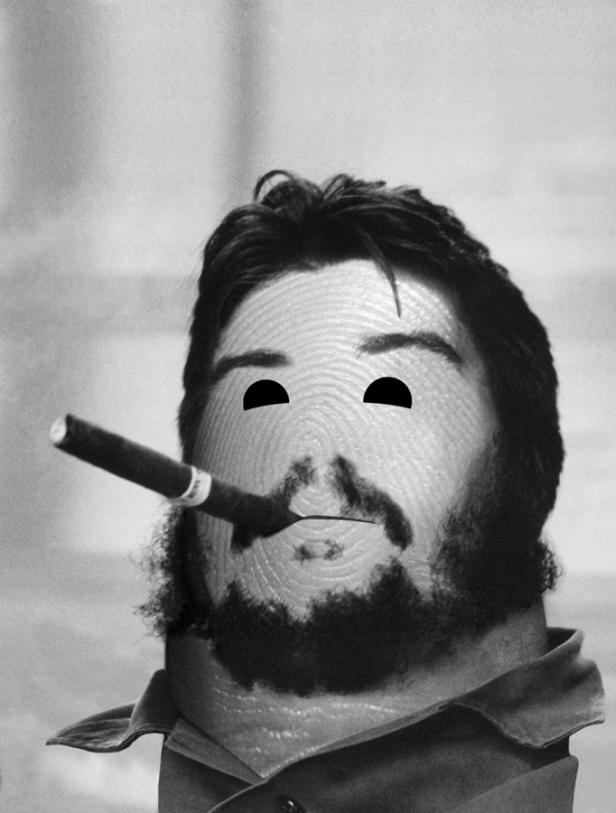 Ein stilisiertes Porträt von Che Guevara, dessen Gesicht aus einem Fingerabdruck besteht und eine Zigarre raucht.