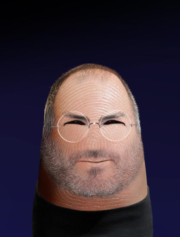 Ein Daumen mit dem Gesicht von Steve Jobs und Fingerabdruckmuster.