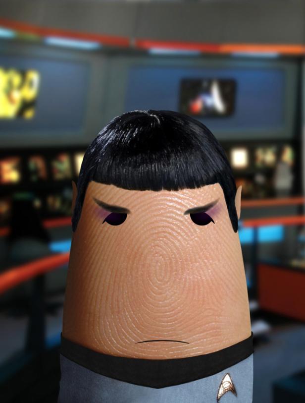 Ein Finger, der als Spock von Star Trek verkleidet ist, mit Ohren und Augenbrauen.