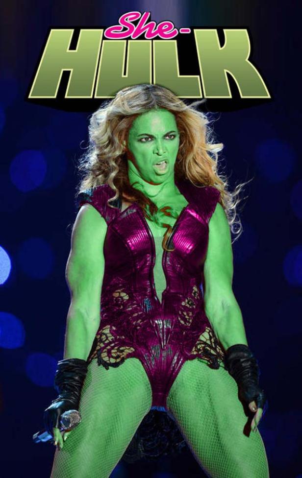 Beyoncé als She-Hulk in einem lila Outfit mit grüner Haut und blonden Haaren.