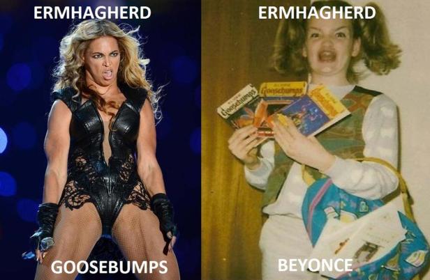 Ein Meme, das Beyoncé und ein Mädchen mit „Gänsehaut“-Büchern vergleicht.