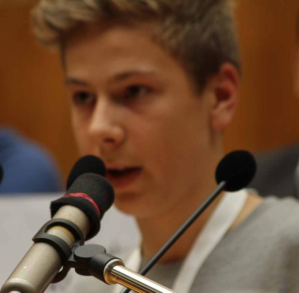 Ein junger Mann spricht in ein Mikrofon.