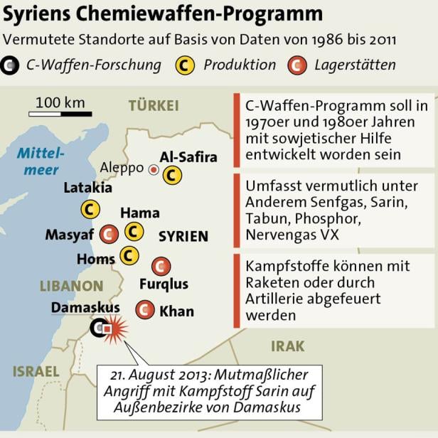 Eine Karte von Syrien, die mutmaßliche Standorte des Chemiewaffenprogramms zeigt.