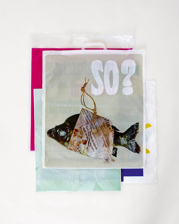 Ein Fisch, verpackt in Zeitungspapier, hängt an einer Plastiktüte mit der Aufschrift „SO?“.