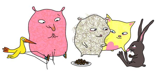 Eine skurrile Illustration mit einem rosa Wesen, einem Vogel, einem Hamster, einer Katze und einem Hasen.