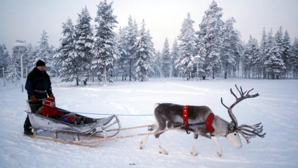Ein Rentier zieht einen Schlitten mit einem Kind durch eine verschneite Winterlandschaft.