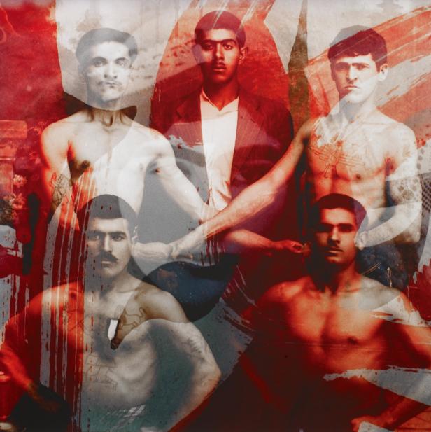 Mehrere überlagerte Porträts von Männern mit und ohne Hemd in Rot- und Grautönen.