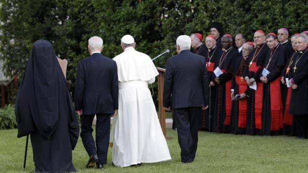 Papst Franziskus geht mit Würdenträgern und einer Nonne über einen Rasen.
