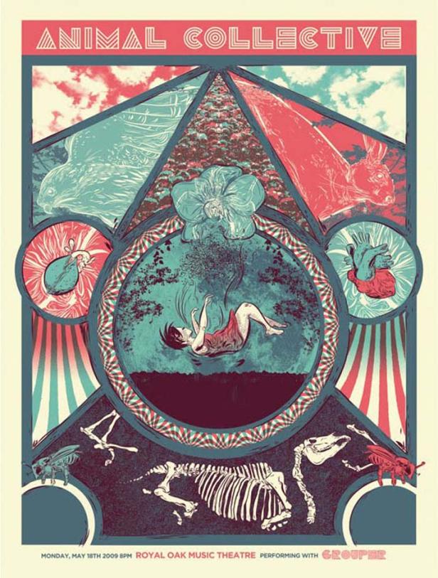 Ein Konzertplakat für Animal Collective mit surrealen Illustrationen von Tieren, Skeletten und einer Frau im Wasser.