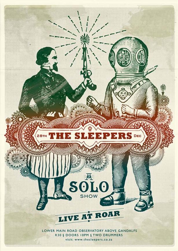 Ein Mann mit Bart hält eine Pistole neben einem Mann im Taucheranzug auf einem Veranstaltungsplakat für „The Sleepers“.