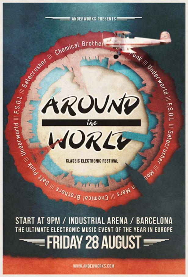 Ein Veranstaltungsplakat für das „Around the World Classic Electronic Festival“ mit einem Flugzeug im oberen Bereich.