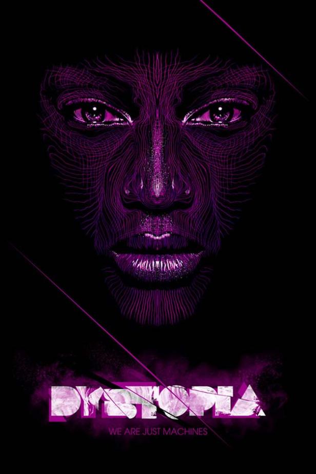 Das stilisierte, violette Porträt einer Frau mit dem Schriftzug „Dystopia“.