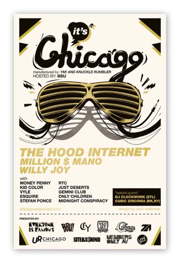 Ein Veranstaltungsplakat für „It's Chicago“ mit Sonnenbrillen-Illustration und Künstlerliste.