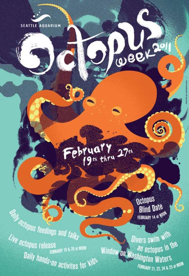 Ein orangefarbener Oktopus, der für die „Octopus Week“ im Seattle Aquarium wirbt.